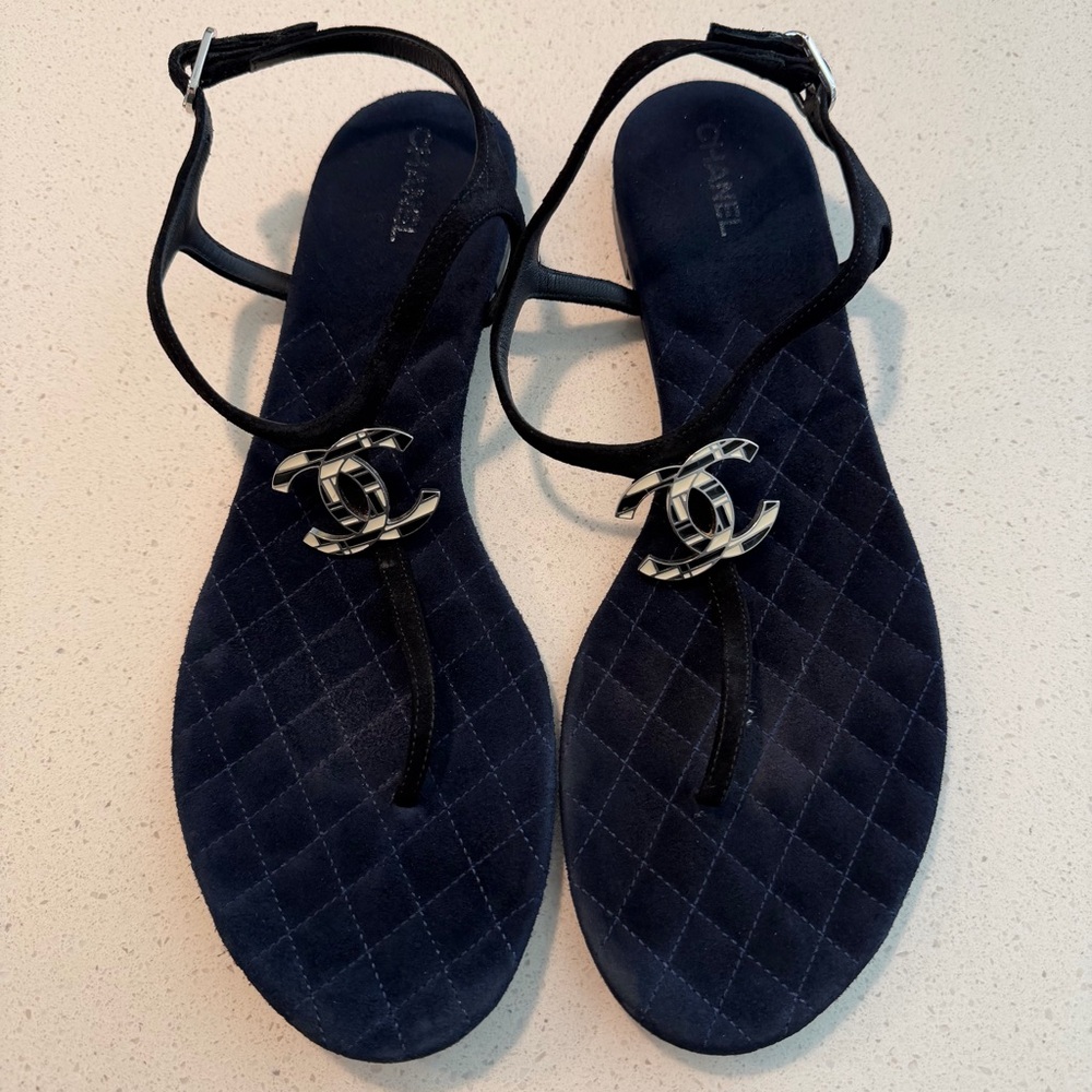 Chanel Navy and Black Suede Thong, Size 11